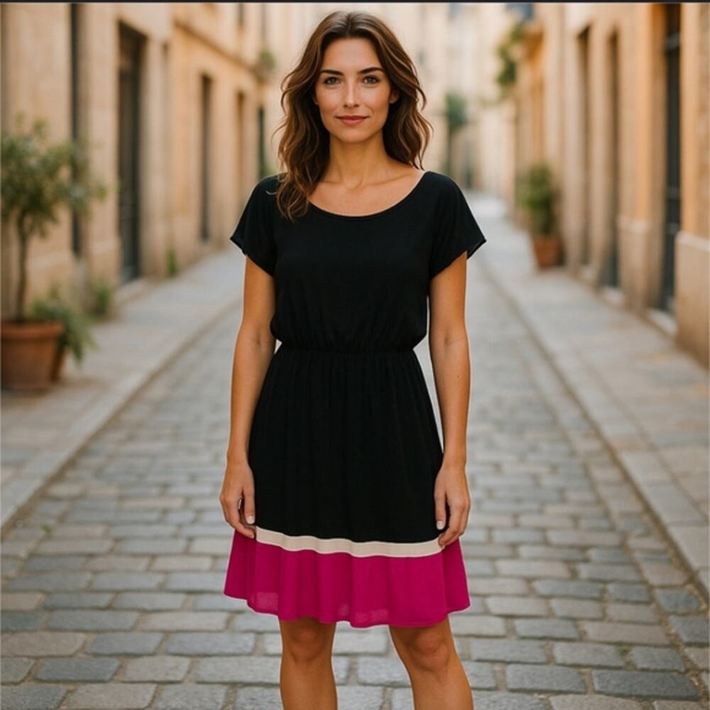Cute I Love H81 Black & Pink Pleated Dress Size Large